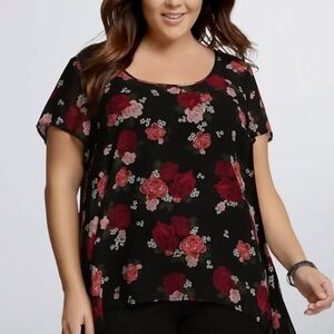 Torrid Black Floral Sheer Short Sleeve Snakebite Blouse Top 0